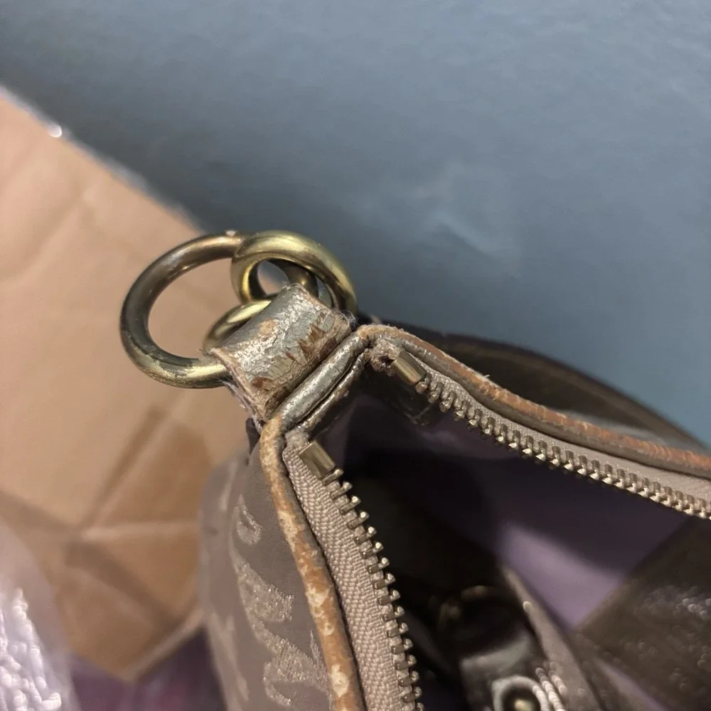 COACH Vtg Gold Satin Script Logo Purse Bag Double Heart Studded Hardware Handbag